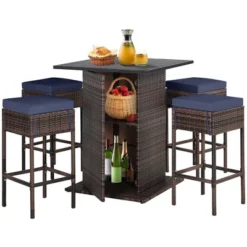 Tangkula Tangkula 5PCS Patio Bar Set Rattan Bar Furniture Set W/ Table & 4 Cushioned Stools Navy 19 Tangkula Tangkula 5PCS Patio Bar Set Rattan Bar Furniture Set W/ Table & 4 Cushioned Stools Navy -Tangkula Shop GUEST 684fa188 7551 40fd ae37 890d574ebe18