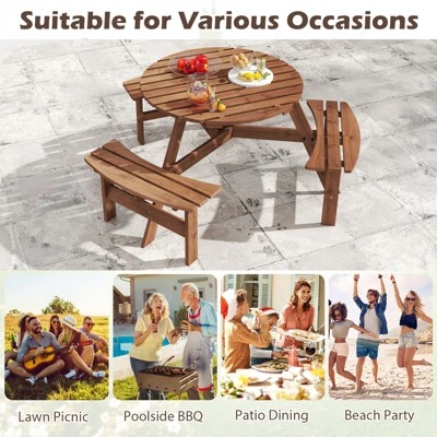 Tangkula 6-Person Round Picnic Table Set W/ 3 Built-in Benches 2" Umbrella Hole 7 Tangkula 6-Person Round Picnic Table Set W/ 3 Built-in Benches 2" Umbrella Hole - Image 7