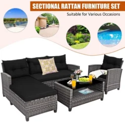Tangkula Set Of 4 Rattan Furniture Set Sofa Ottoman Cushion Garden Deck Patio Black -Tangkula Shop GUEST 68edcda5 ae95 452c 88d3 7debd80c5240