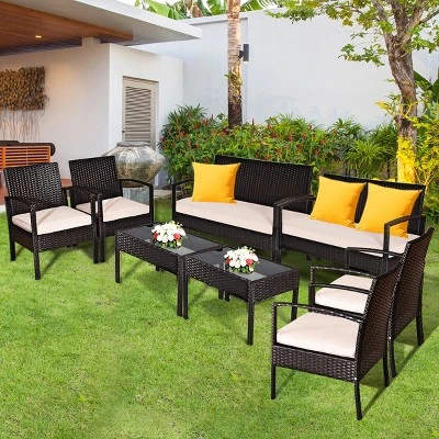 Tangkula 4PCS Conversation Wicker Set Patio Rattan Table&Cushioned Chair 2 Tangkula 4PCS Conversation Wicker Set Patio Rattan Table&Cushioned Chair - Image 2