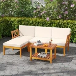 Tangkula 5-Piece Modular Acacia Wood Patio Sectional Sofa Set with Coffee Table