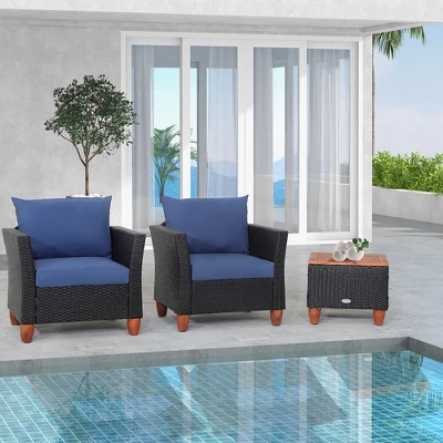 Tangkula 3-Piece Patio Rattan Conversation Set with Navy Cushions and Acacia Wood Accents 6 Tangkula 3-Piece Patio Rattan Conversation Set with Navy Cushions and Acacia Wood Accents - Image 6