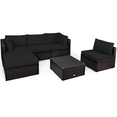 Tangkula 6PCS Patio Rattan Furniture Set Outdoor Sectional Sofa Set W/Coffee Table & Ottoman Black/Navy/Turquoise/Red/Brown 10 Tangkula 6PCS Patio Rattan Furniture Set Outdoor Sectional Sofa Set W/Coffee Table & Ottoman Black/Navy/Turquoise/Red/Brown - Image 10