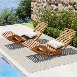 Tangkula 2PCS Outdoor Chaise Lounge Acacia Wood Rocking Sun Lounger With Slatted Backrest And Seat Wooden Rocker Lounge Chair