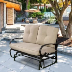 Tangkula Outdoor Rocking Loveseat Bench with Thick Cushions and Steel Frame