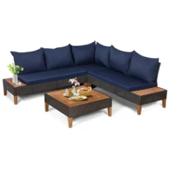 Tangkula 4PCS Acacia Wood Patio Furniture Set Rattan Conversation Set W/ Navy Cushions -Tangkula Shop GUEST 69fa594a 14ce 4a67 ab2c f2422a5e1276