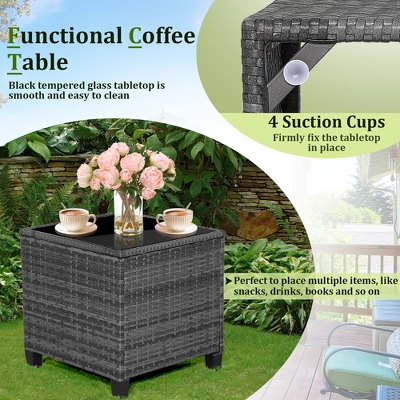Tangkula 3-Piece Outdoor Wicker Conversation Set - Grey Rattan Patio Furniture with Tempered Glass Table 6 Tangkula 3-Piece Outdoor Wicker Conversation Set - Grey Rattan Patio Furniture with Tempered Glass Table - Image 6