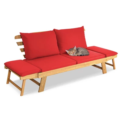 Tangkula Adjustable Patio Sofa Daybed Acacia Wood Furniture W/ Red Cushions 10 Tangkula Adjustable Patio Sofa Daybed Acacia Wood Furniture W/ Red Cushions - Image 10