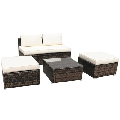 Tangkula 5-Piece Outdoor Rattan Wicker Sofa Set Lounge Chair With White Cushions 4 Tangkula 5-Piece Outdoor Rattan Wicker Sofa Set Lounge Chair With White Cushions - Image 4