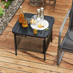 Tangkula Outdoor PE Rattan Side Table with 1.57" Umbrella Hole