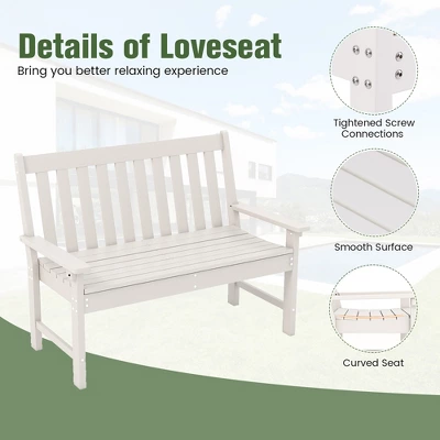 Tangkula 2-Person Outdoor Garden Park Bench All-Weather HDPE Patio Loveseat Chair With Cozy Backrest Ergonomic Loveseat Bench White 4 Tangkula 2-Person Outdoor Garden Park Bench All-Weather HDPE Patio Loveseat Chair With Cozy Backrest Ergonomic Loveseat Bench White - Image 4