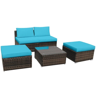 Tangkula 5-Piece Outdoor Rattan Wicker Sofa Set Lounge Chair With Turquoise Cushions 4 Tangkula 5-Piece Outdoor Rattan Wicker Sofa Set Lounge Chair With Turquoise Cushions - Image 4
