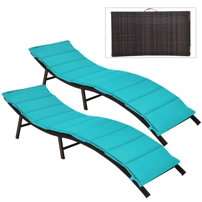Tangkula 2PCS Outdoor Patio Rattan Wicker Lounge Chair Chaise Folding W/Cushions Turquoise 9 Tangkula 2PCS Outdoor Patio Rattan Wicker Lounge Chair Chaise Folding W/Cushions Turquoise - Image 9