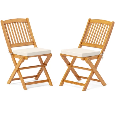Tangkula Patio Folding Chair Set Of 2 Portable Acacia Wood Dining Chairs With High Back & Seat Cushions Beige/Navy/Red 9 Tangkula Patio Folding Chair Set Of 2 Portable Acacia Wood Dining Chairs With High Back & Seat Cushions Beige/Navy/Red - Image 9