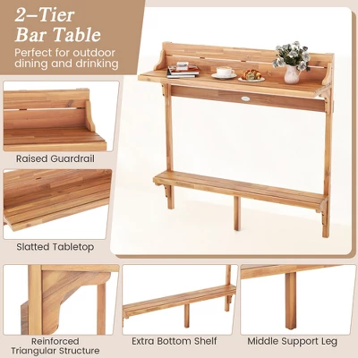 Tangkula 6-Piece Acacia Wood Balcony Bar Set with 2-Tier Table & 4 Curved Stools 6 Tangkula 6-Piece Acacia Wood Balcony Bar Set with 2-Tier Table & 4 Curved Stools - Image 6