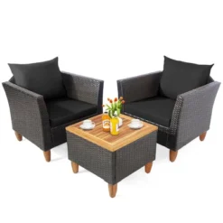 Tangkula 3PCS Patio Furniture Set Conversation Bistro Set W/ Acacia Wood & Cushions Black -Tangkula Shop GUEST 6df85014 13af 4396 b4dc 72acffceb18b