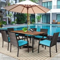 Tangkula 7-Piece Outdoor Patio Dining Set - Acacia Wood Table & Wicker Armchairs