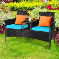 Tangkula Outdoor Rattan Wicker Patio Conversation Chair Set with Turquoise Cushions
