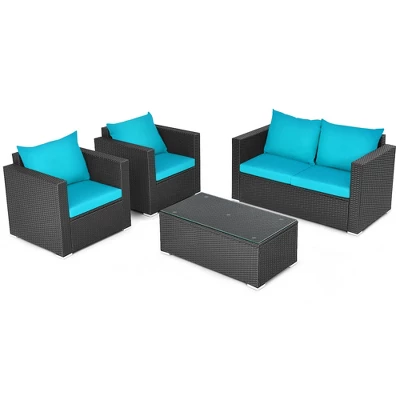 Tangkula 4PCS Rattan Patio Conversation Set Outdoor Furniture Set W/ Navy & Turquoise Cushions 6 Tangkula 4PCS Rattan Patio Conversation Set Outdoor Furniture Set W/ Navy & Turquoise Cushions - Image 6