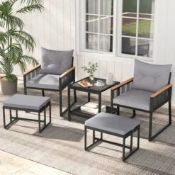 Tangkula 5 Piece Patio Conversation Set PE Rattan Wicker Chairs W/ 2 Ottomans Soft Cushions