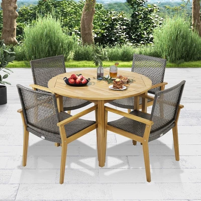 Tangkula 5 PCS Patio Dining Set Round Acacia Wood Table 4 Wicker Armchairs Outdoor Garden 2 Tangkula 5 PCS Patio Dining Set Round Acacia Wood Table 4 Wicker Armchairs Outdoor Garden - Image 2