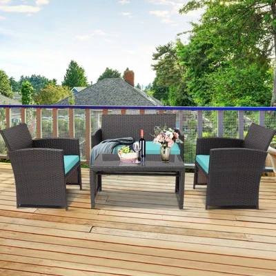 Tangkula 4PCS Outdoor Patio Furniture Sets Weather-Resistant Rattan Sofas W/ Soft Cushion Turquoise 3 Tangkula 4PCS Outdoor Patio Furniture Sets Weather-Resistant Rattan Sofas W/ Soft Cushion Turquoise - Image 3