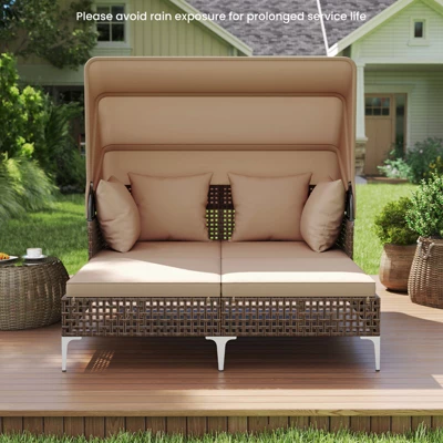 Tangkula Outdoor Daybed with Retractable Canopy & Cushioned Double Lounger 2 Tangkula Outdoor Daybed with Retractable Canopy & Cushioned Double Lounger - Image 2