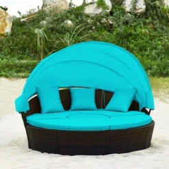 Tangkula Cushioned Patio Rattan Round Daybed W/ Adjustable Table 3 Pillows Turquoise -Tangkula Shop GUEST 6f487242 0bee 4505 a135 0b9ac2197ac1