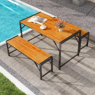 Tangkula 3 PCS Patio Dining Set For 6 People 53" Acacia Wood Picnic Table & 2 Benches 2 Tangkula 3 PCS Patio Dining Set For 6 People 53" Acacia Wood Picnic Table & 2 Benches - Image 2