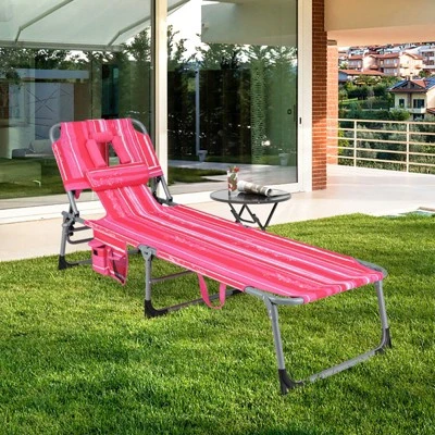 Tangkula Set Of 2 Lounge Chair Beach Chair W/ Face Arm Hole Detachable Pillow Adjustable Backrest Side Pocket Outdoor Chaise Sunbathing Chair Hot Pink 3 Tangkula Set Of 2 Lounge Chair Beach Chair W/ Face Arm Hole Detachable Pillow Adjustable Backrest Side Pocket Outdoor Chaise Sunbathing Chair Hot Pink - Image 3