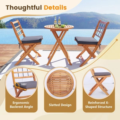 Tangkula 3 Piece Patio Wood Bistro Set Folding Table Chair Set W/Soft Seat Cushions Acacia Wood Frame High-Back Portable Chairs 7 Tangkula 3 Piece Patio Wood Bistro Set Folding Table Chair Set W/Soft Seat Cushions Acacia Wood Frame High-Back Portable Chairs - Image 7