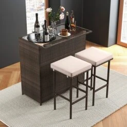 Tangkula 3 Pieces Patio Bar Set PE Wicker Outdoor Bar Table & Stools Set W/ Removable Cushions -Tangkula Shop GUEST 703a1f7f 3c63 4dbc aa55 f00292687239