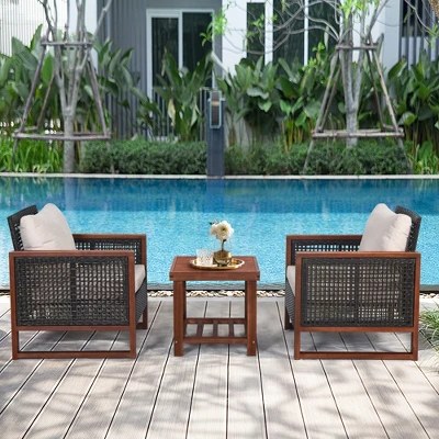 Tangkula 3-Piece Rattan Wicker Outdoor Conversation Set with Acacia Wood Table 2 Tangkula 3-Piece Rattan Wicker Outdoor Conversation Set with Acacia Wood Table - Image 2