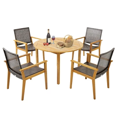 Tangkula 5 PCS Patio Dining Set Round Acacia Wood Table 4 Wicker Armchairs Outdoor Garden 10 Tangkula 5 PCS Patio Dining Set Round Acacia Wood Table 4 Wicker Armchairs Outdoor Garden - Image 10