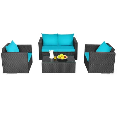Tangkula 4PCS Rattan Patio Conversation Set Outdoor Furniture Set W/ Navy & Turquoise Cushions 4 Tangkula 4PCS Rattan Patio Conversation Set Outdoor Furniture Set W/ Navy & Turquoise Cushions - Image 4