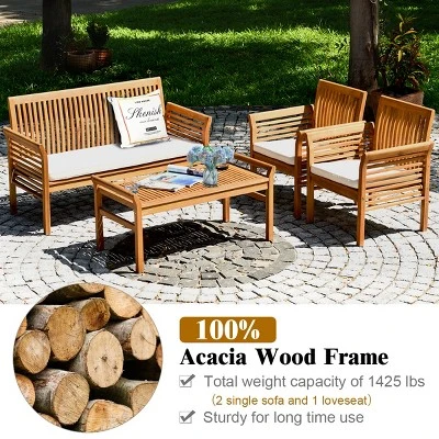 Tangkula 4-Piece Patio Acacia Wood Sofa Set Conversation Table Chairs With Beige Cushions 6 Tangkula 4-Piece Patio Acacia Wood Sofa Set Conversation Table Chairs With Beige Cushions - Image 6