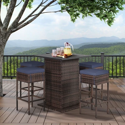 Tangkula Tangkula 5PCS Patio Bar Set Rattan Bar Furniture Set W/ Table & 4 Cushioned Stools Navy 2 Tangkula Tangkula 5PCS Patio Bar Set Rattan Bar Furniture Set W/ Table & 4 Cushioned Stools Navy - Image 2