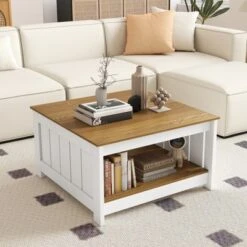 Tangkula Coffee Table W/ Storage Shelf Farmhouse Rustic Center Table Space-Saving