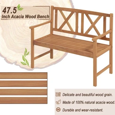 Tangkula 2-Person Acacia Wood Bench Outdoor Slats Loveseat Chair With Armrest Backrest Sturdy Frame 800lbs Load Capacity 5 Tangkula 2-Person Acacia Wood Bench Outdoor Slats Loveseat Chair With Armrest Backrest Sturdy Frame 800lbs Load Capacity - Image 5