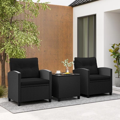 Tangkula 3 Piece Patio Furniture Set, Rattan Conversation Set W/Soft Seat & Back Cushions, Tempered Glass Topped Coffee Table Black 3 Tangkula 3 Piece Patio Furniture Set, Rattan Conversation Set W/Soft Seat & Back Cushions, Tempered Glass Topped Coffee Table Black - Image 3