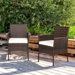 Tangkula Outdoor 2 PCS Rattan Dining Chair Patio Cushioned Arm Chair W/Zipper Brown