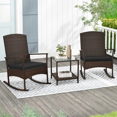 Tangkula 3 PCS Rocking Set Wicker Rocking Chairs W/ 2-Tier Coffee Table Patio Black 2 Tangkula 3 PCS Rocking Set Wicker Rocking Chairs W/ 2-Tier Coffee Table Patio Black - Image 2