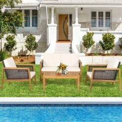 Tangkula 4-Piece Patio Acacia Wood Furniture Set with PE Rattan & Cushions