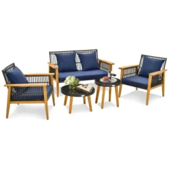 Tangkula 5PCS Rattan Woven Conversation Set Stable Acacia Wood Frame For Backyard Patio