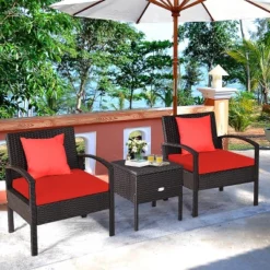 Tangkula 3-Piece Patio Wicker Storage Table & Chair Set Outdoor Conversation Set Red