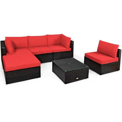 Tangkula 6PCS Patio Rattan Furniture Set Outdoor Sectional Sofa Set W/Coffee Table & Ottoman Black/Navy/Turquoise/Red/Brown 9 Tangkula 6PCS Patio Rattan Furniture Set Outdoor Sectional Sofa Set W/Coffee Table & Ottoman Black/Navy/Turquoise/Red/Brown - Image 9