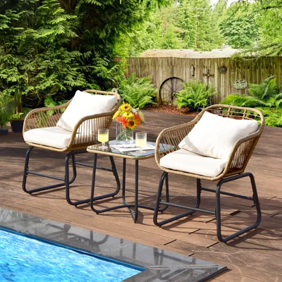 Tangkula 3-Piece Patio Rattan Furniture Set with Armchairs & Coffee Table 1 Tangkula 3-Piece Patio Rattan Furniture Set with Armchairs & Coffee Table