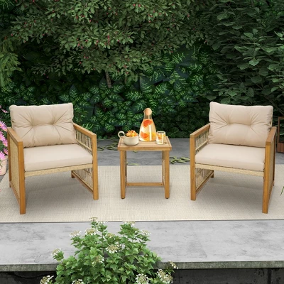 Tangkula 3PCS Patio Acacia Wood PE Wicker Furniture Set W/ Soft Seat & Back Cushions 2 Tangkula 3PCS Patio Acacia Wood PE Wicker Furniture Set W/ Soft Seat & Back Cushions - Image 2