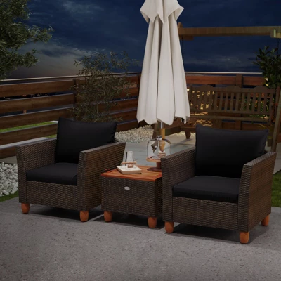 Tangkula 3-Piece Outdoor PE Wicker Bistro Set with Cushions & Storage Table 4 Tangkula 3-Piece Outdoor PE Wicker Bistro Set with Cushions & Storage Table - Image 4