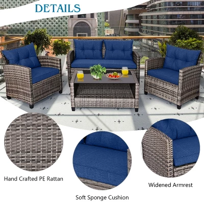 Tangkula 4PCS Rattan Furniture Set Coffee Table Cushioned Sofa Garden Lawn Patio Navy 1 Tangkula 4PCS Rattan Furniture Set Coffee Table Cushioned Sofa Garden Lawn Patio Navy